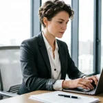 Сотрудница в деловом костюме работает за ноутбуком в офисе с панорамными окнами, на столе документы и кофе