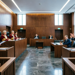 Судебное заседание в зале суда: адвокаты выступают перед судьями, юридический процесс, courtroom scene
