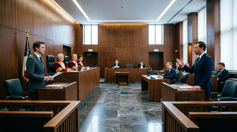 Судебное заседание в зале суда: адвокаты выступают перед судьями, юридический процесс, courtroom scene