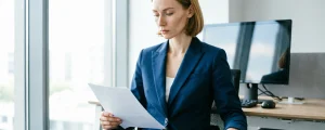 Девушка в офисном костюме сидит в светлом офисе лицом к нам, она изучает документ, на заднем фоне офисный стол, компьютер